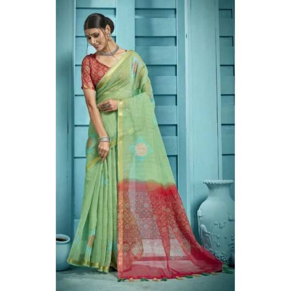Women's Organza Floral Printed Saree With Blouse (Green, 5-6 Mtrs)