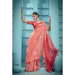 Women's Organza Floral Printed Saree With Blouse (Gajari, 5-6 Mtrs)