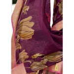 Women's Cotton Linen Floral Printed Saree With Blouse (Purple, 5-6 Mtrs)