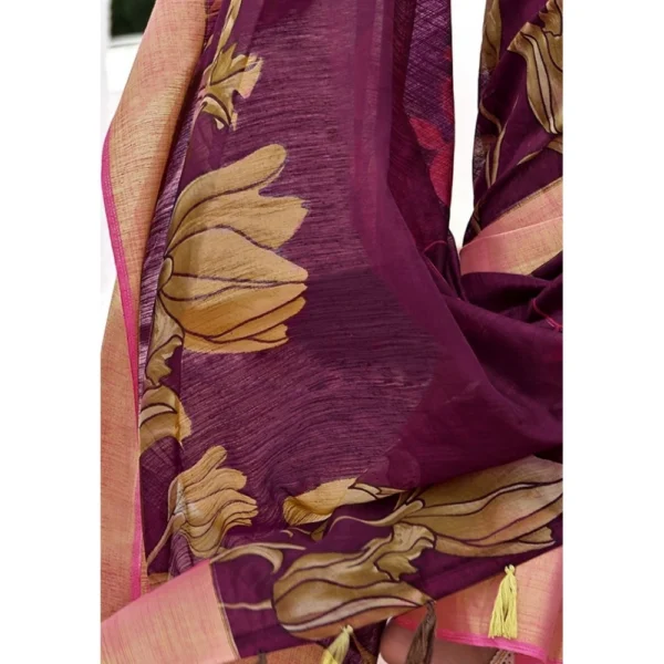 Women's Cotton Linen Floral Printed Saree With Blouse (Purple, 5-6 Mtrs)