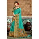 Women's Cotton Traditional Printed Saree With Blouse (Turquoise, 5-6 Mtrs)