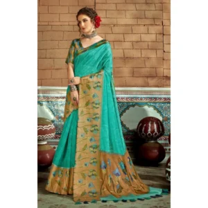 Women's Cotton Traditional Printed Saree With Blouse (Turquoise, 5-6 Mtrs)