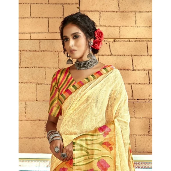 Women's Cotton Traditional Printed Saree With Blouse (Cream, 5-6 Mtrs)