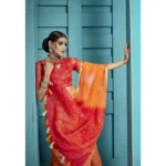 Women's Organza Floral Printed Saree With Blouse (Orange, 5-6 Mtrs)