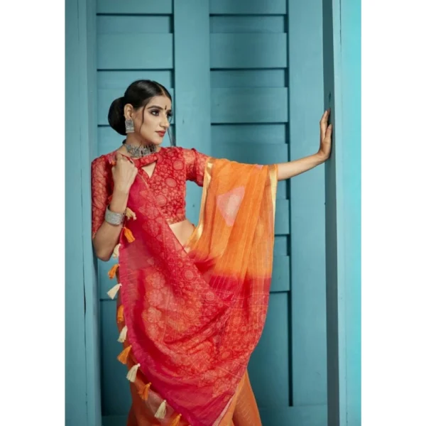 Women's Organza Floral Printed Saree With Blouse (Orange, 5-6 Mtrs)