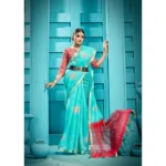 Women's Organza Floral Printed Saree With Blouse (Turquoise, 5-6 Mtrs)