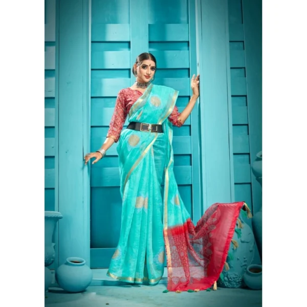Women's Organza Floral Printed Saree With Blouse (Turquoise, 5-6 Mtrs)