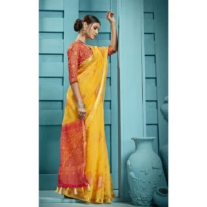 Women's Organza Floral Printed Saree With Blouse (Yellow, 5-6 Mtrs)