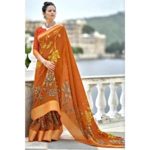 Women's Cotton Linen Floral Printed Saree With Blouse (Orange, 5-6 Mtrs)