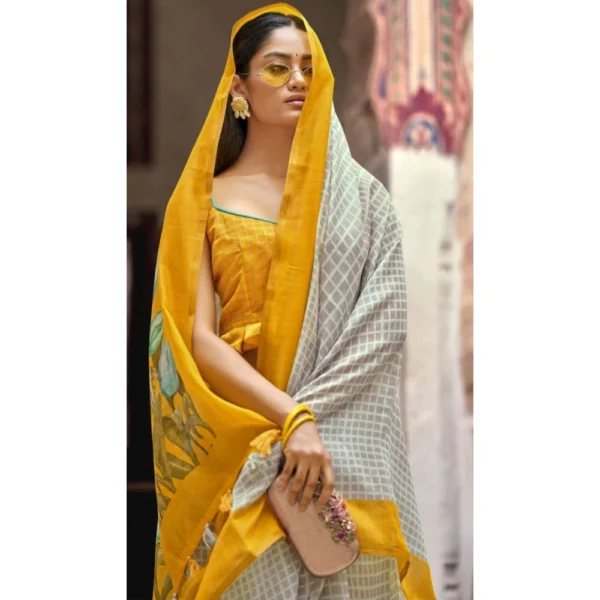 Women's Cotton Checks Printed Saree With Blouse (Grey & Yellow, 5-6 Mtrs)