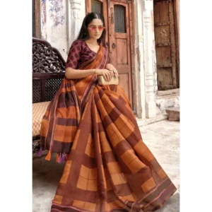 Women's Cotton Geometric Printed Saree With Blouse (Orange, 5-6 Mtrs)