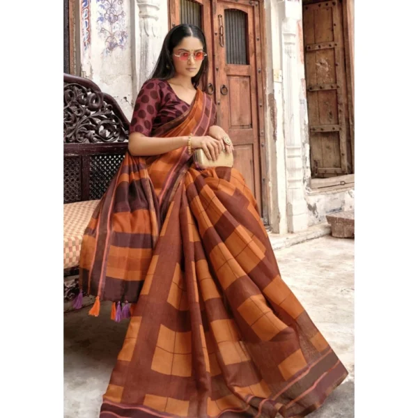 Women's Cotton Geometric Printed Saree With Blouse (Orange, 5-6 Mtrs)