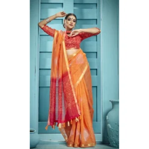 Women's Organza Floral Printed Saree With Blouse (Orange, 5-6 Mtrs)