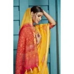 Women's Organza Floral Printed Saree With Blouse (Yellow, 5-6 Mtrs)