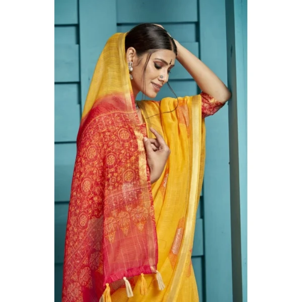 Women's Organza Floral Printed Saree With Blouse (Yellow, 5-6 Mtrs)