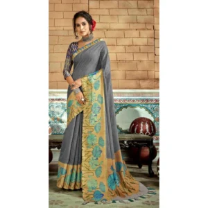 Women's Cotton Traditional Printed Saree With Blouse (Grey, 5-6 Mtrs)