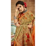Women's Cotton Traditional Printed Saree With Blouse (Saffron, 5-6 Mtrs)