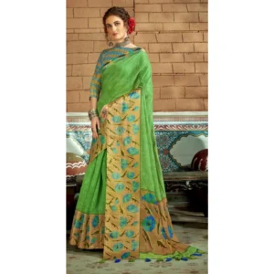 Women's Cotton Traditional Printed Saree With Blouse (Green, 5-6 Mtrs)