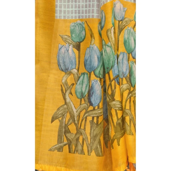 Women's Cotton Checks Printed Saree With Blouse (Grey & Yellow, 5-6 Mtrs)
