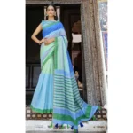 Women's Cotton Checks Printed Saree With Blouse (Sky Blue, 5-6 Mtrs)