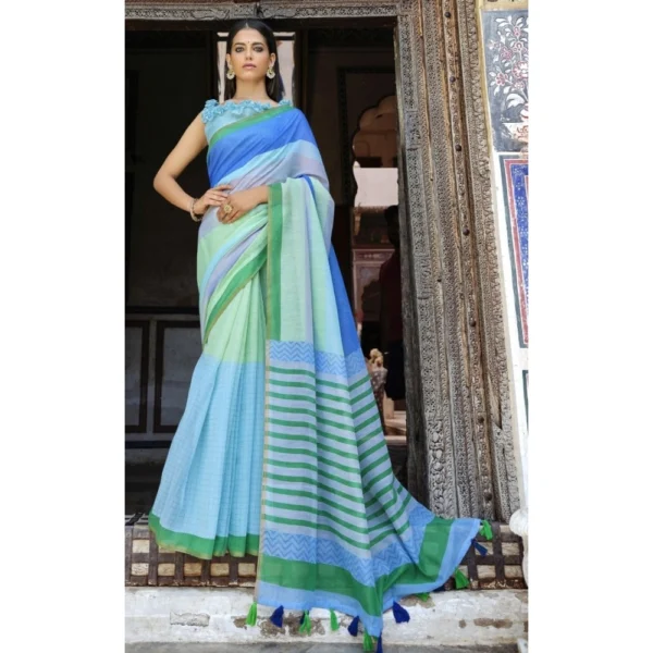 Women's Cotton Checks Printed Saree With Blouse (Sky Blue, 5-6 Mtrs)