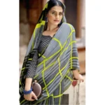 Women's Cotton Stripes Printed Saree With Blouse (Grey, 5-6 Mtrs)