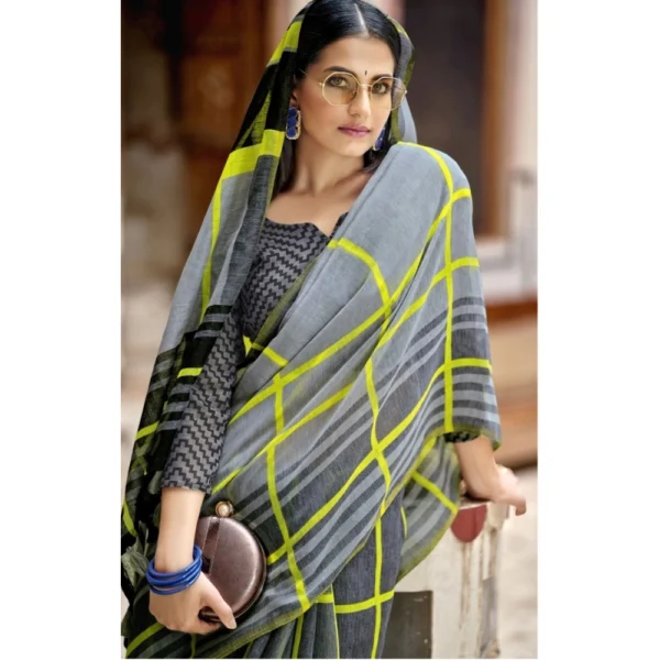 Women's Cotton Stripes Printed Saree With Blouse (Grey, 5-6 Mtrs)