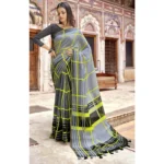 Women's Cotton Stripes Printed Saree With Blouse (Grey, 5-6 Mtrs)
