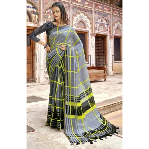 Women's Cotton Stripes Printed Saree With Blouse (Grey, 5-6 Mtrs)