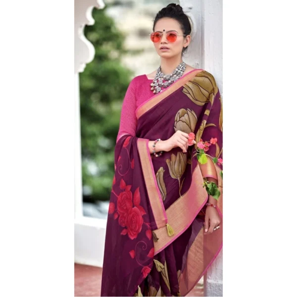 Women's Cotton Linen Floral Printed Saree With Blouse (Purple, 5-6 Mtrs)