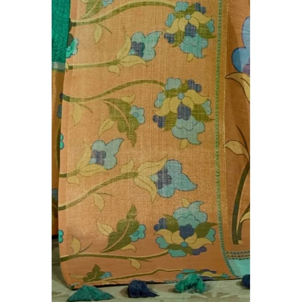 Women's Cotton Traditional Printed Saree With Blouse (Turquoise, 5-6 Mtrs)