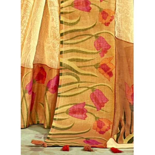 Women's Cotton Traditional Printed Saree With Blouse (Cream, 5-6 Mtrs)