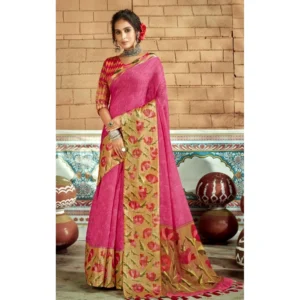 Women's Cotton Traditional Printed Saree With Blouse (Pink, 5-6 Mtrs)