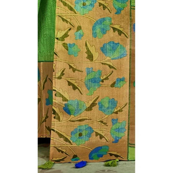 Women's Cotton Traditional Printed Saree With Blouse (Green, 5-6 Mtrs)