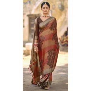 Women's Moss Chiffon Floral Printed Stone Embellished Latkan on Pallu Saree With Blouse (Light Brown, 5-6 Mtrs)