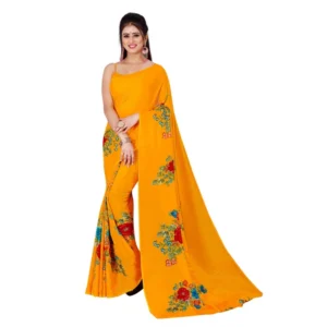 Women's Poly Georgette Printed Saree Without Blouse (Yellow)