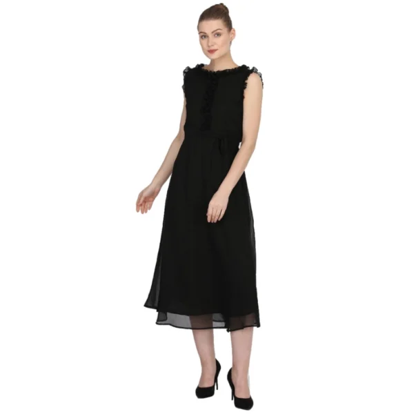 Women's Georgette Solid Sleeveless Full Length Gown(Black)