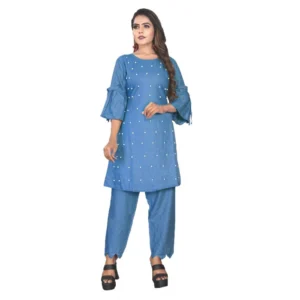 Women's Rayon Short Sleeves Kurta Sets(Blue)
