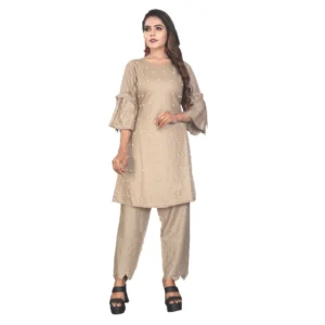 Women's Rayon Short Sleeves Kurta Sets(Beige)