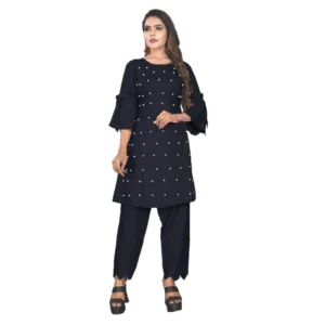 Women's Rayon Short Sleeves Kurta Sets(Black)