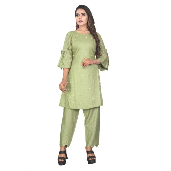 Women's Rayon Short Sleeves Kurta Sets(Green)