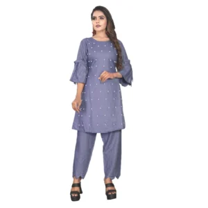 Women's Rayon Short Sleeves Kurta Sets(Grey)