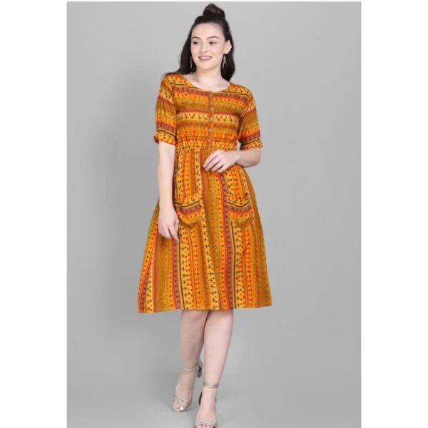 Women's Rayon Foil Printed Dresses (Mustard Yellow)