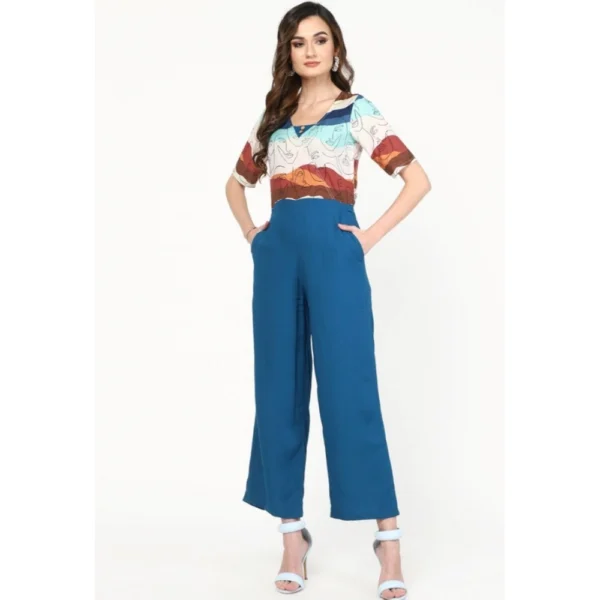 Women's Poly Rayon Printed Plain Jumpsuit (Blue)