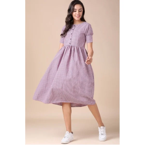 Women's Cotton Check Printed Dresses (Light Pink)