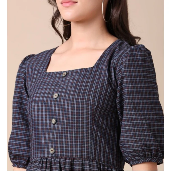 Women's Cotton Check Printed Dresses (Navy Blue)
