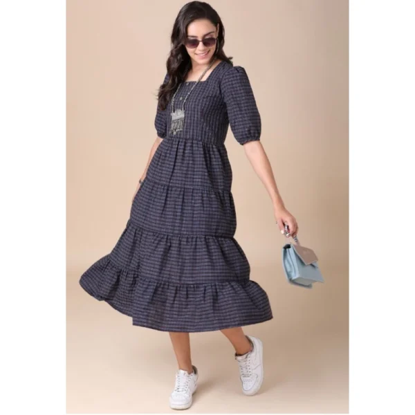 Women's Cotton Check Printed Dresses (Navy Blue)