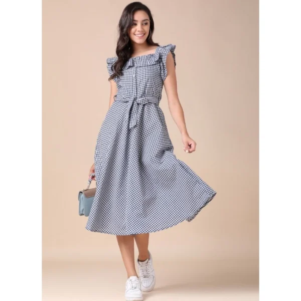Women's Cotton Check Printed Dresses (Light Grey)