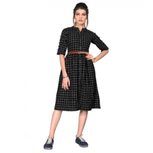 Women's Cotton Check Printed Dresses (Black)