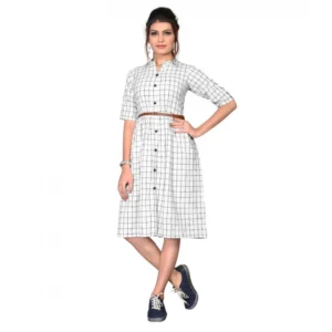 Women's Cotton Check Printed Dresses (White)